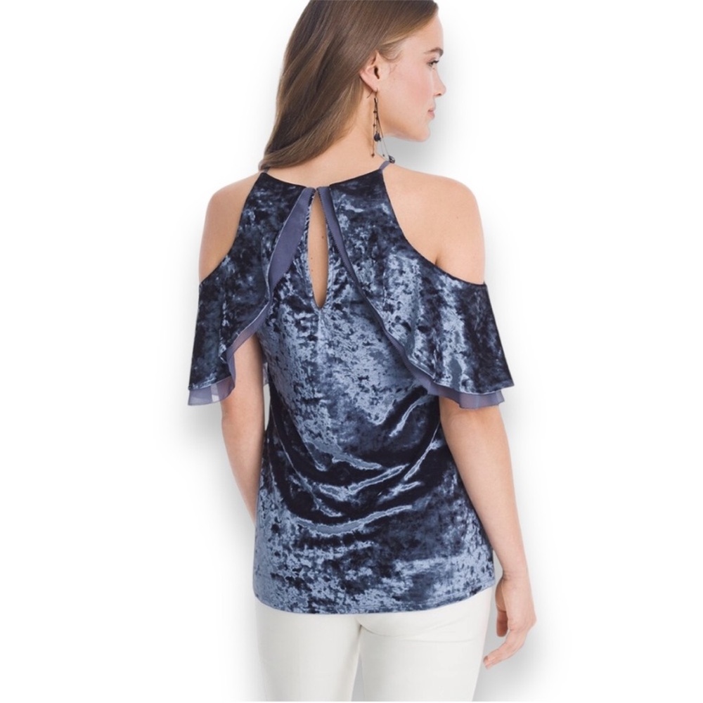 NEW White House Black Market Short Sleeve Cold Shoulder Velvet Flounce Top XS - Picture 2 of 7